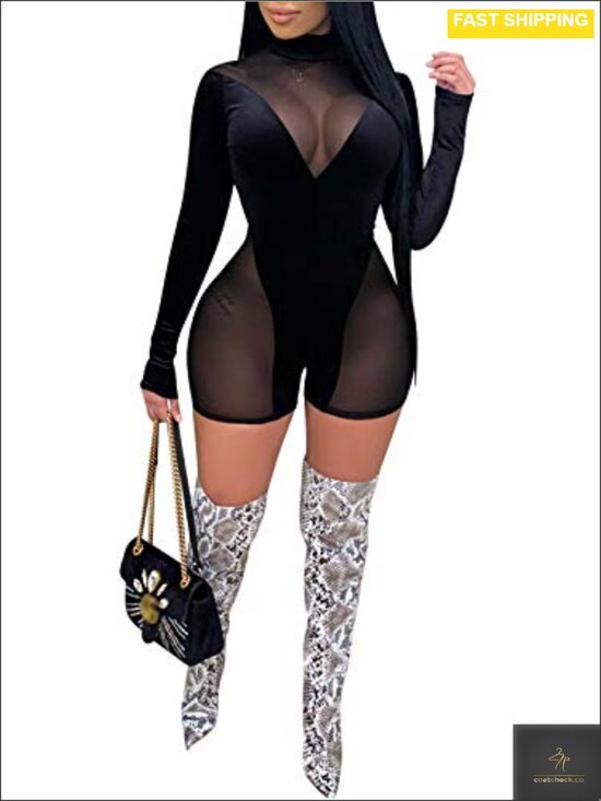 Pants - Sexy See Through Mesh Long Sleeve Short Jumpsuit Club Romper
